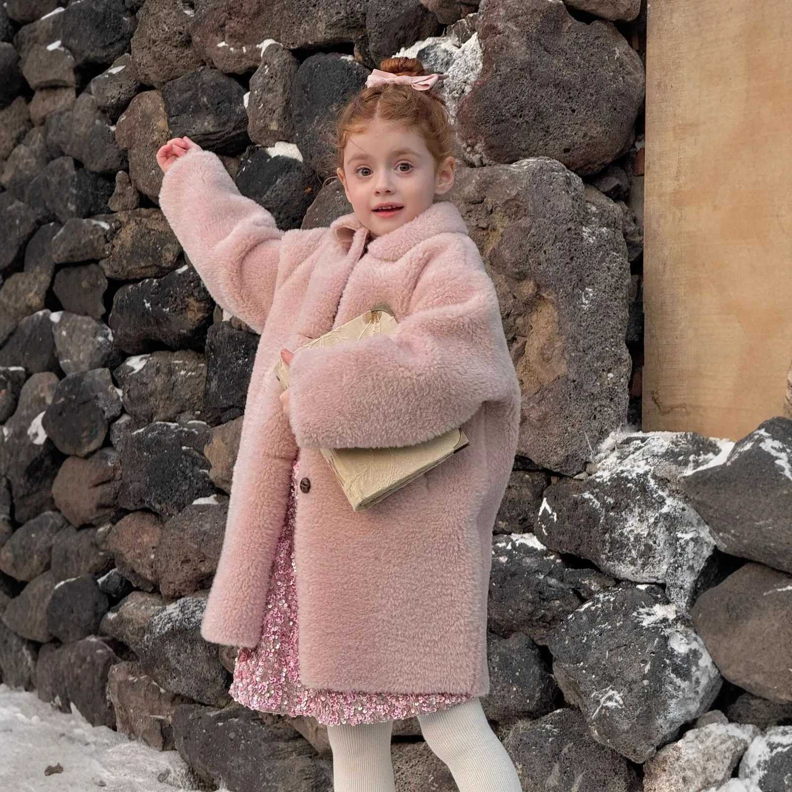 Manteau une pièce en fourrure rose pour filles, manteau Long à col rabattu, chaud et polyvalent, nouvelle collection automne-hiver 2025, Y251206