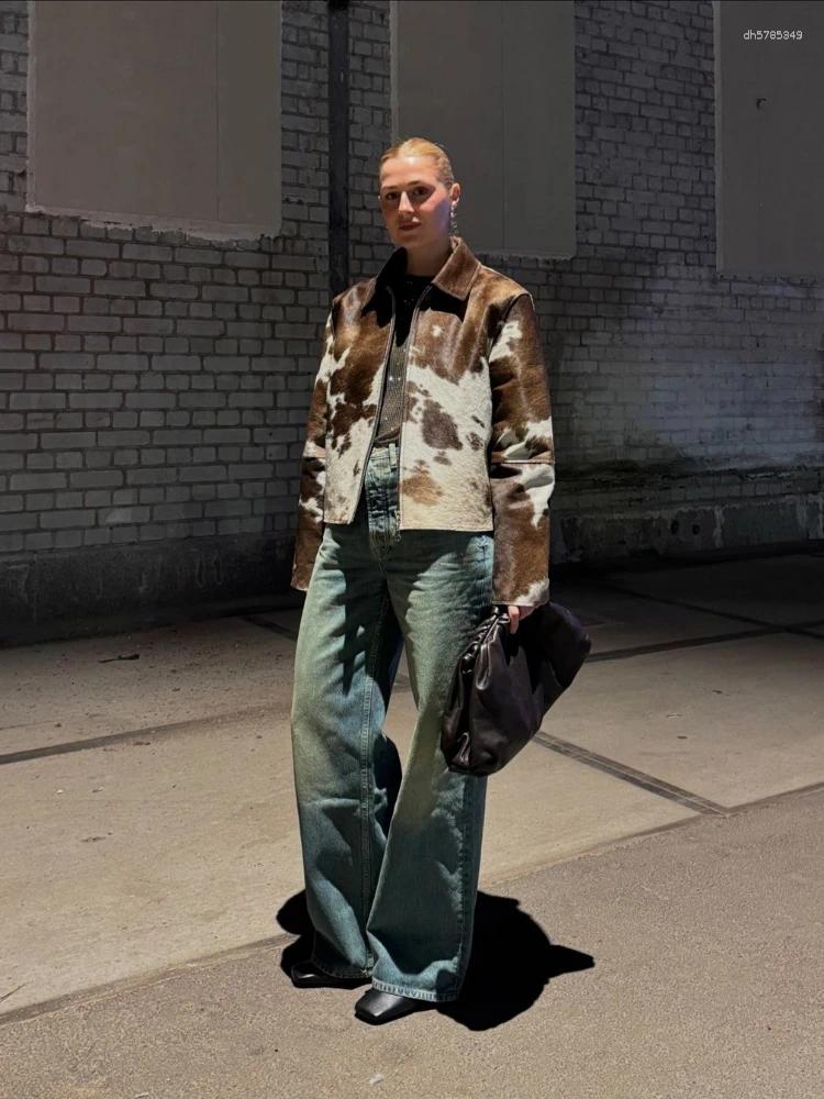 Women's Jackets Vintage Cow Printed Jacket Women Fashion Irregular Lapel Patchwork 2025 Female Autumn Chic Casual Coat