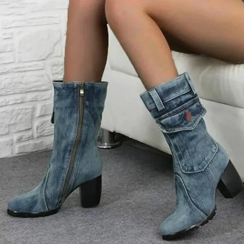 Cowboy femmes bottes automne et hiver pointu Denim Style tempérament décontracté talons hauts chaussures simples Zapatos De Mujer 251204
