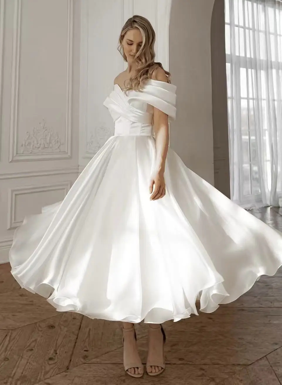 Abito da sposa in raso avorio con spalle scoperte Una linea Abiti da festa da sposa Donna Abiti eleganti da sposa alla caviglia Robe De Mariage Abit