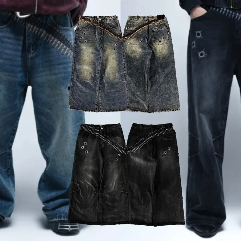 Bullet Series Jeans Y2K Rétro Imprimé Bullet Brodé Graphique Baggy Pantalon Large À La Mode Street Style Unisexl Low Jeans 251205