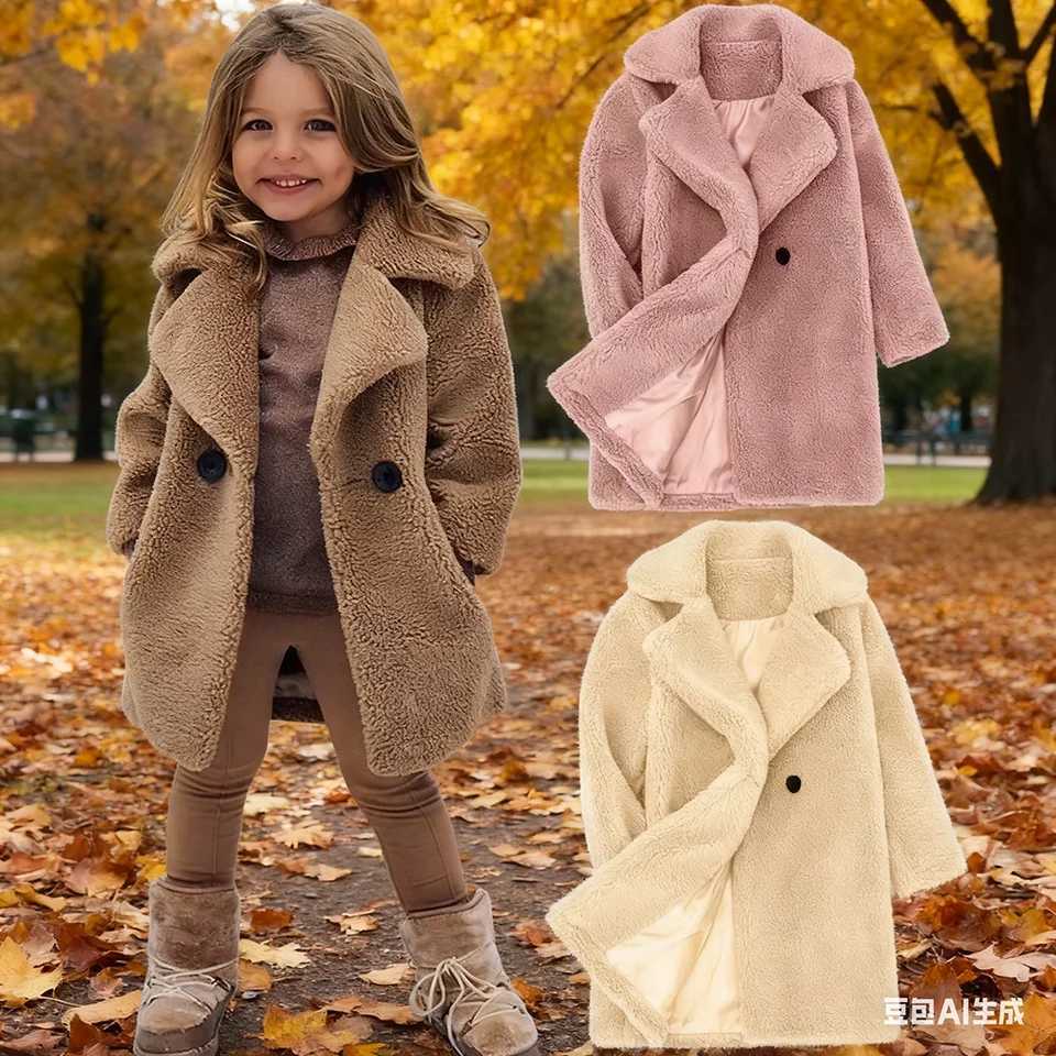 Veste en molleton d'agneau pour filles, nouvelle collection automne-hiver, Style Long, couleur unie, coupe-vent épais et chaud pour filles de 2 à