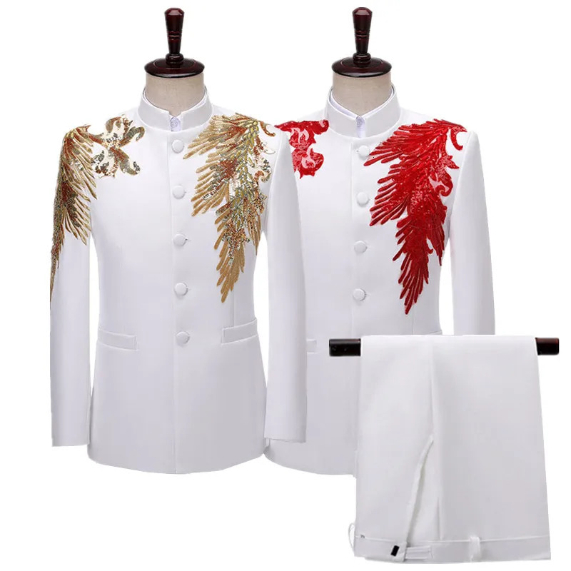 Chinese Style Stand Up Collar Men Suit 2 Piece Set White Blue Fashion Male Stage Performance Floral Blazer Jacket and Pants 251203