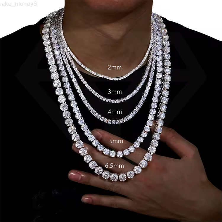 moissanite chain In Stock Hiphop VVS Moissanite Diamond Necklace S925 Sterling Silver 2mm-65mm Tennis Chains