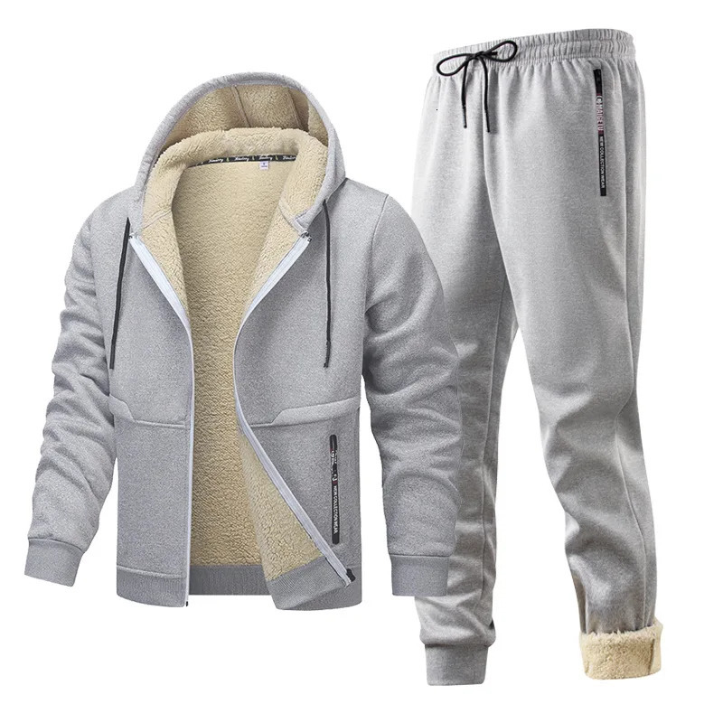 Mens Lambsheep Fleece Tracksuit Hooded Jacket Pants Set European Size Winter Thick Warm Sports Outfit Cardigan 251204
