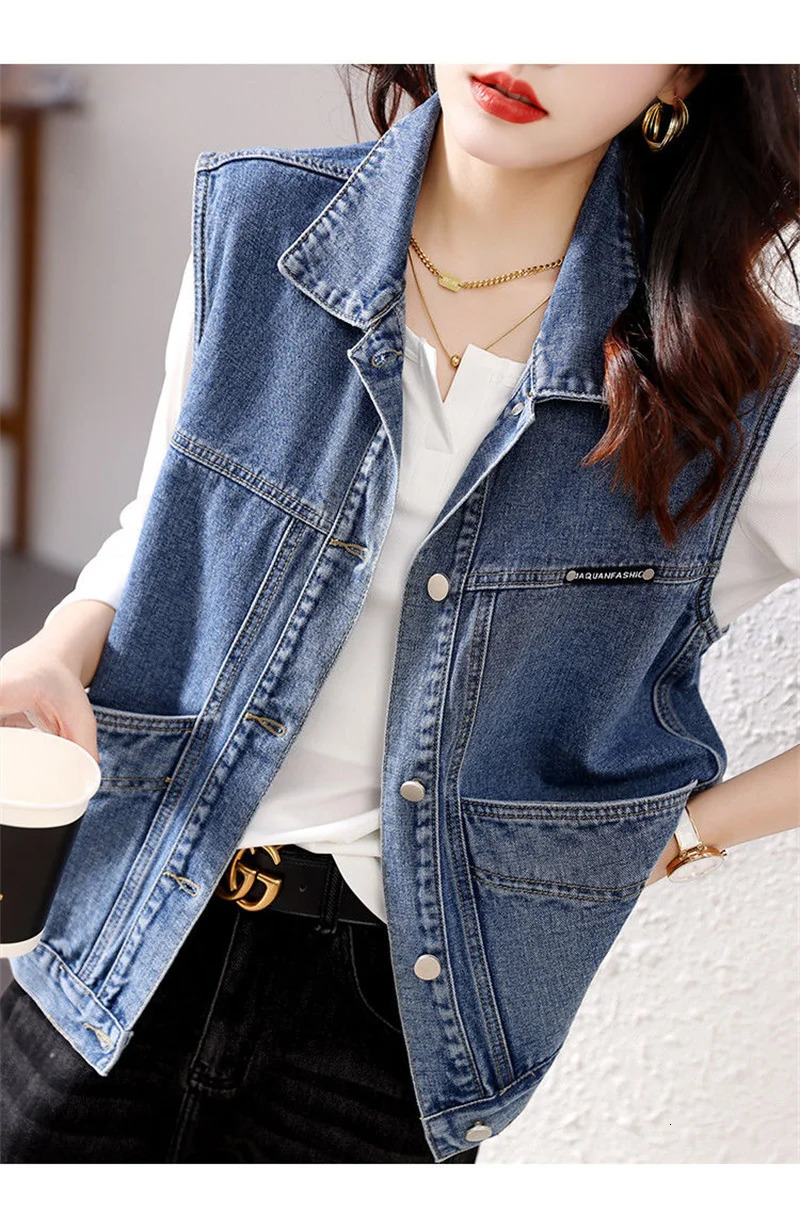 Vintage Women Denim Vest Jacket 2025 Spring Summer Sleeveless Casual Top Blue Jean Waistcoat Coat Lady Oversize Pocket Outerwear 251129