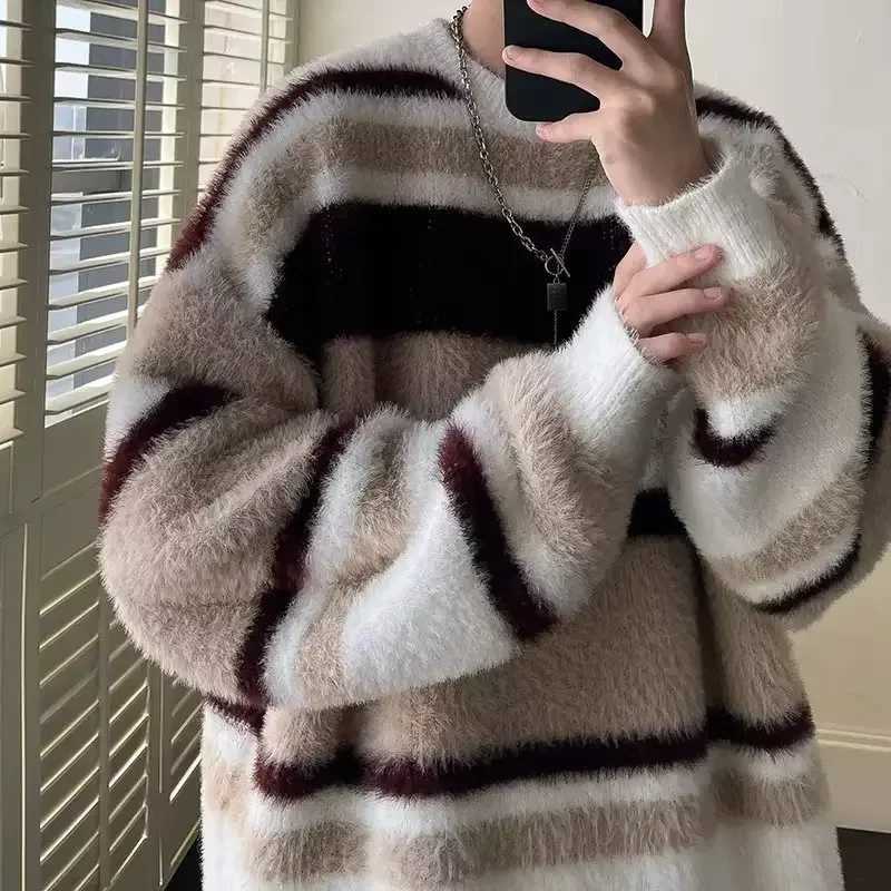 Pull doux et chaud pour hommes, ample et décontracté, rayé, col rond, tricot, couche intérieure, chemise en tricot, automne et hiver, M251206