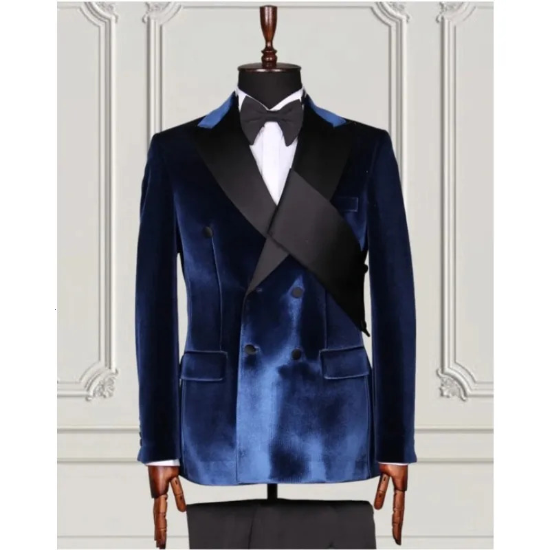 Costumes pour hommes en velours sur mesure avec poitrine noire Blet Costume à double boutonnage Homme Slim Fit robe de smoking de mariage 2 pièce