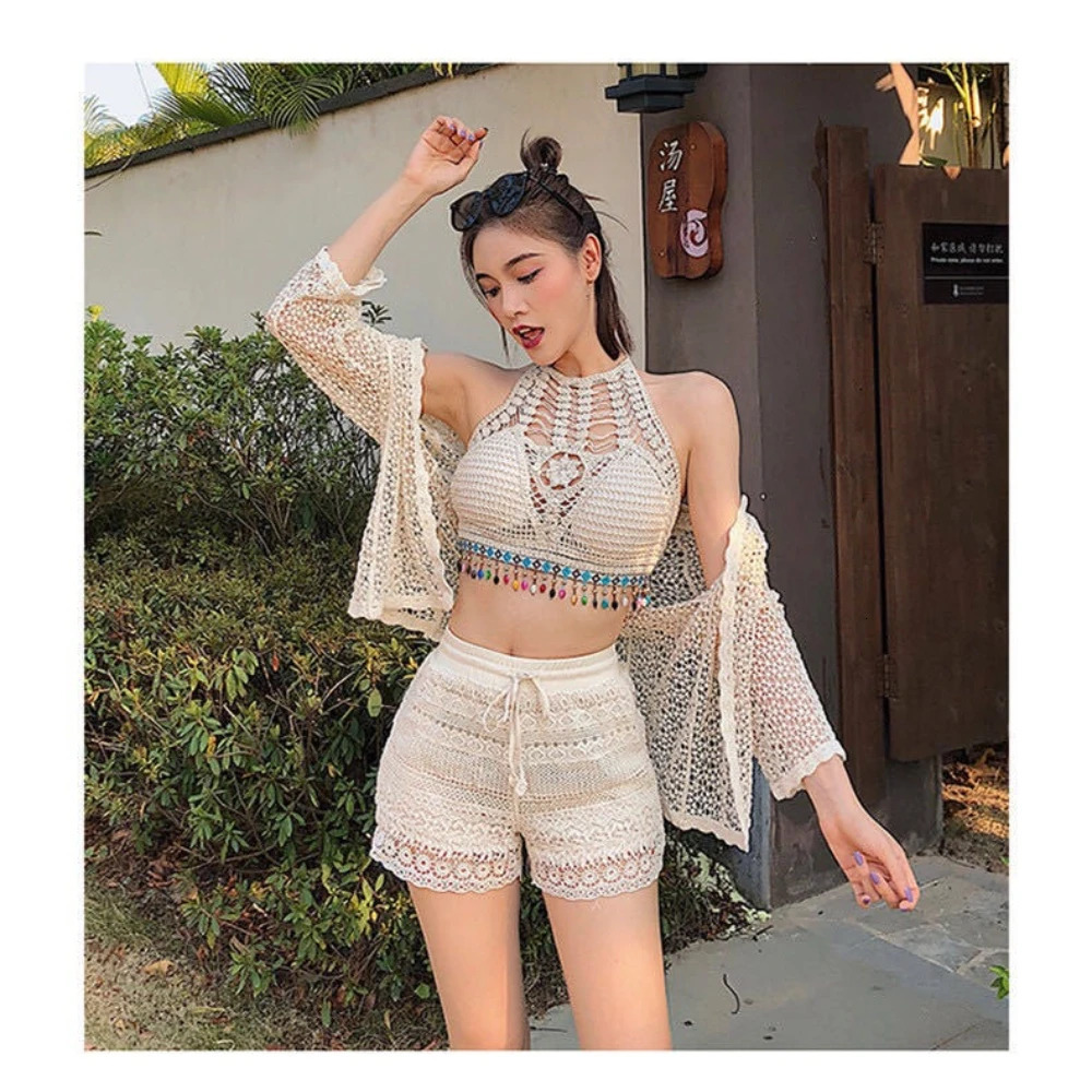 Maillot de bain femmes ensemble Bikini fille Sexy dos nu Bandeau gilet Shorts couverture Style bohème Spa vacances vêtements de plage d'été 25120