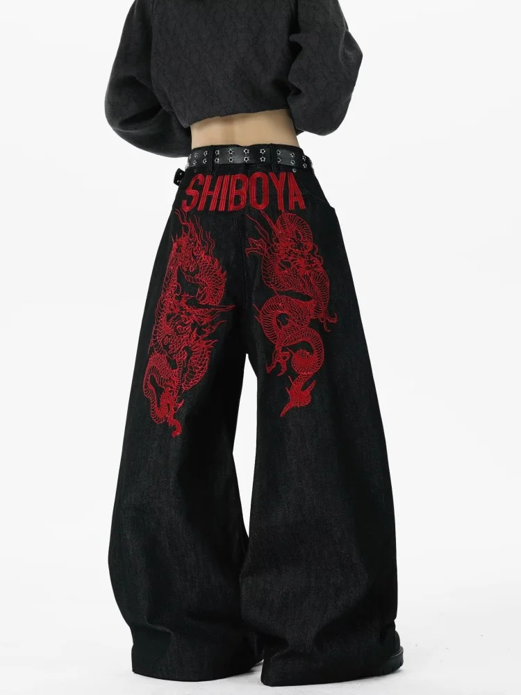 American Retro Y2K Style Red Dragon Embroidery Baggy Jeans Pants For Men Clothing Straight Denim Trousers Pantalon Hombre 251205
