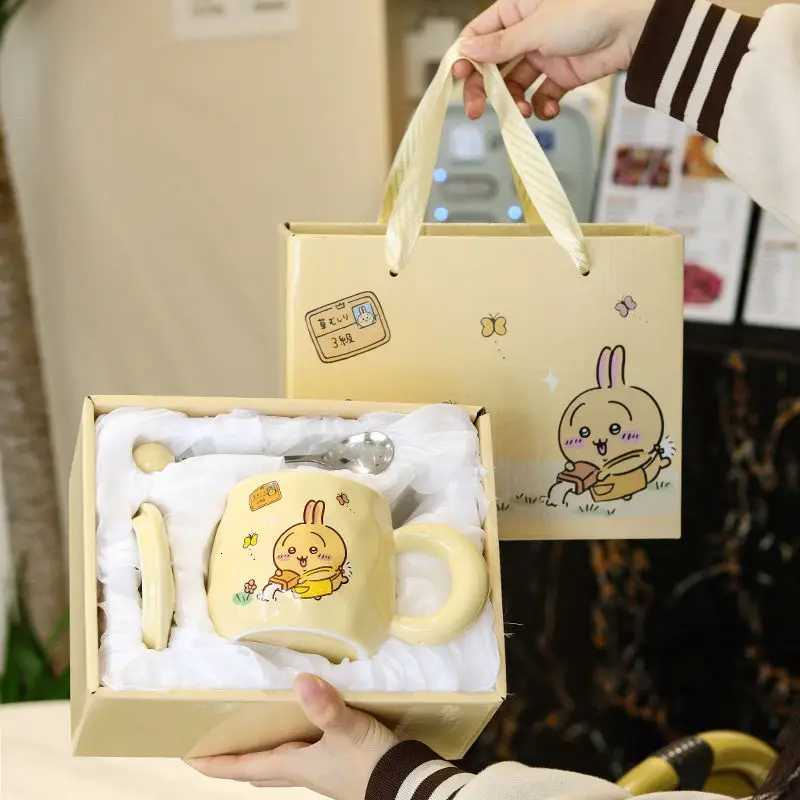 Cartoon Cute Chiikawa Usagi Ceramic Cup with Lid and Spoon Gift Box Set High-looking Mug Coffee Cup Water Cup Gift M251206-image-1087463231