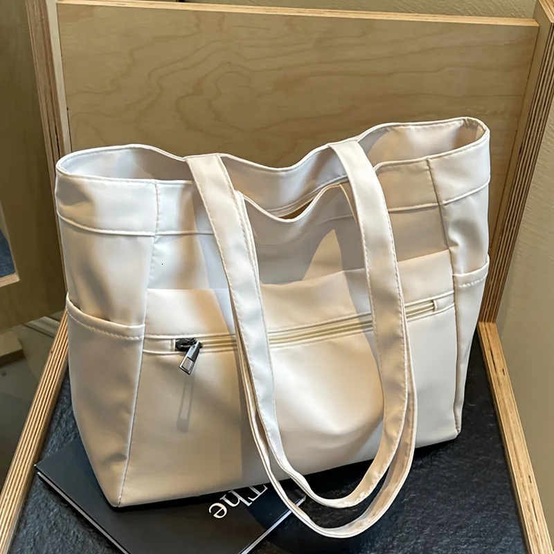Womens Shoulder Bag Large Capacity Multiple Pockets Handbag Simple Canvas Tote Bag Daily Commuting 251201