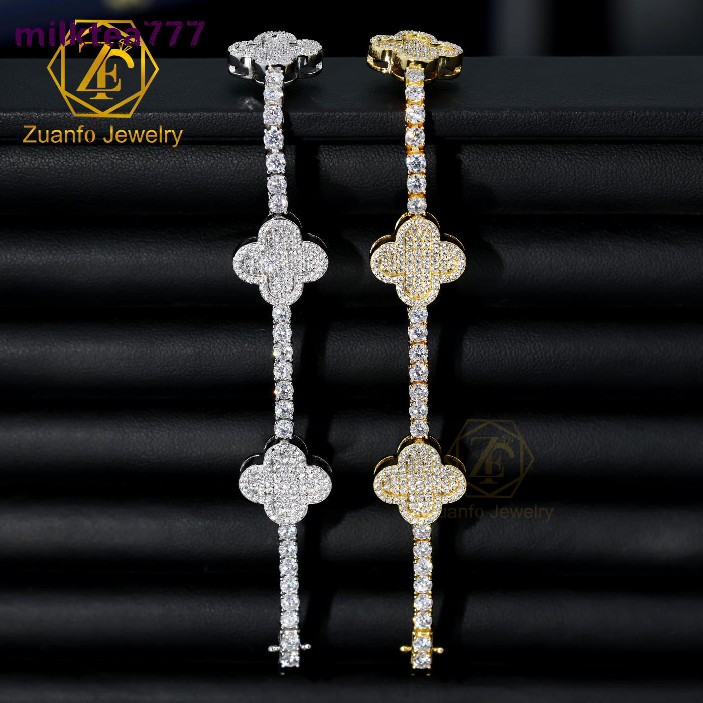 Pass Diamond Tester D Vvs1 Moissanite Bracelets Bracelets 15mm Plaqué Or 925 Argent Tennis Trèfle Bracelets Hip Hop Style