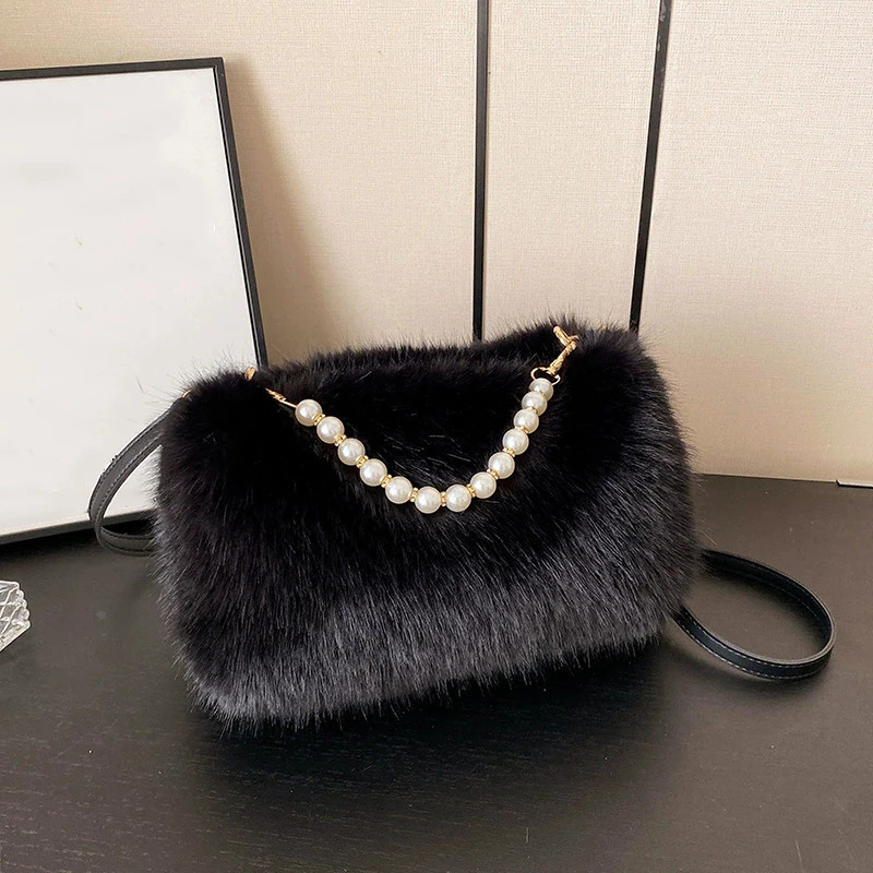 Winter Fashion Womens Faux Fur Shoulder Bags Candy Color Pearl Handle Ladies Crossbody Bag Small Fluffy Female Handbags Purses 251201