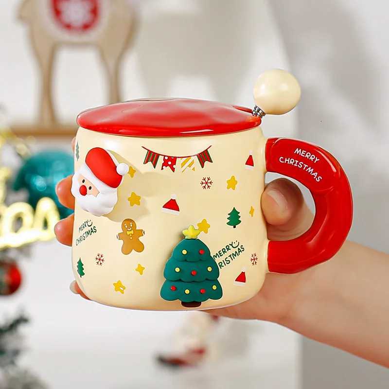 Christmas Themed MUgs with Attachment with Lid Spoon Cute Ceramic Cup for Women Couple Office Cartoon Delicate Design M251206-image-1087463644