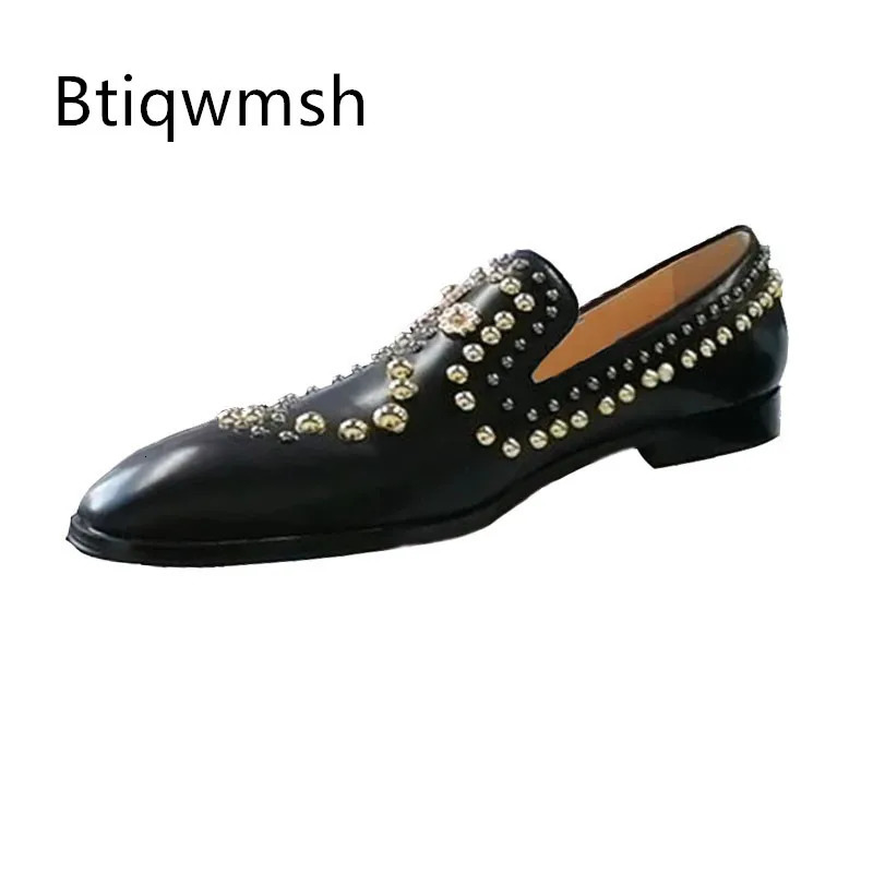 Chaussures cloutées à rivets dorés pour hommes, chaussures à bout pointu en cuir véritable noir, plates faites à la main, chaussures de fête à la
