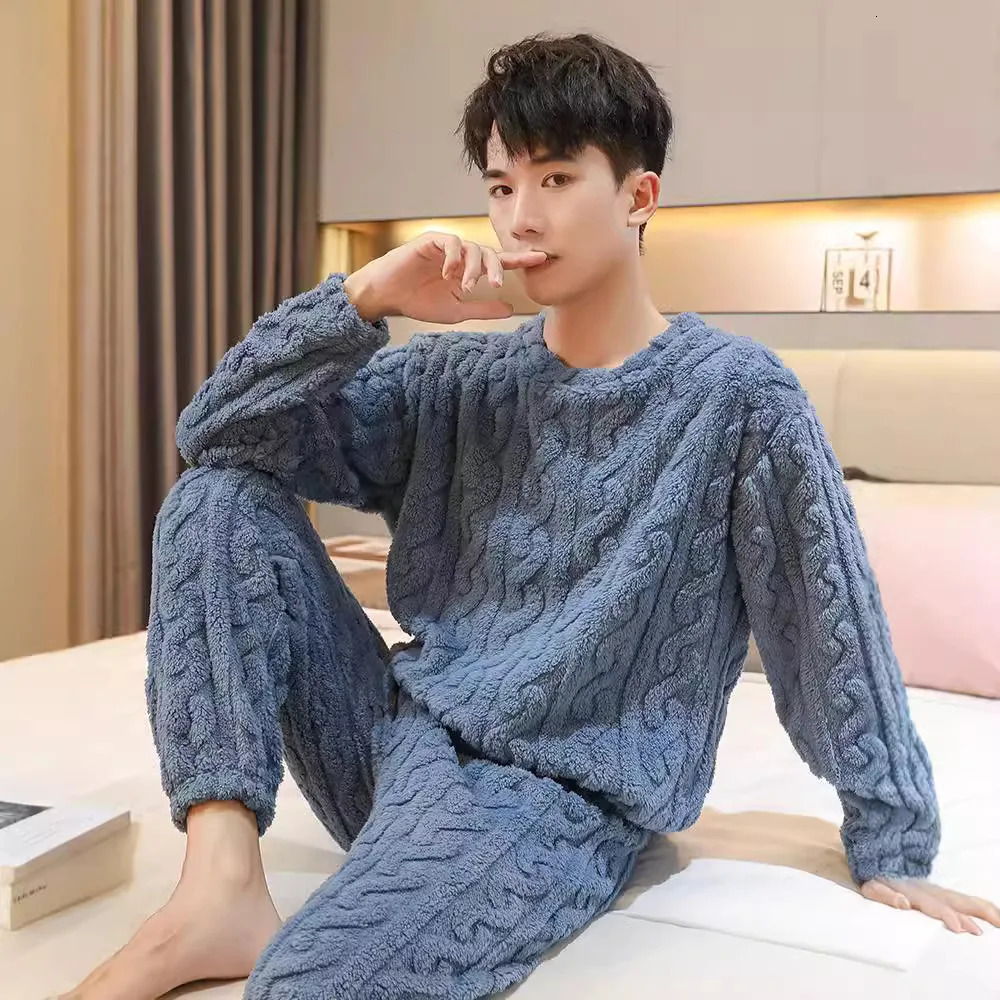 Coral Fleece Pajamas Mens Fall and Winter Thickened Padded Homewear Suit Warm Ladies Teen Facecloth Pajamas Homewear Suit 251204