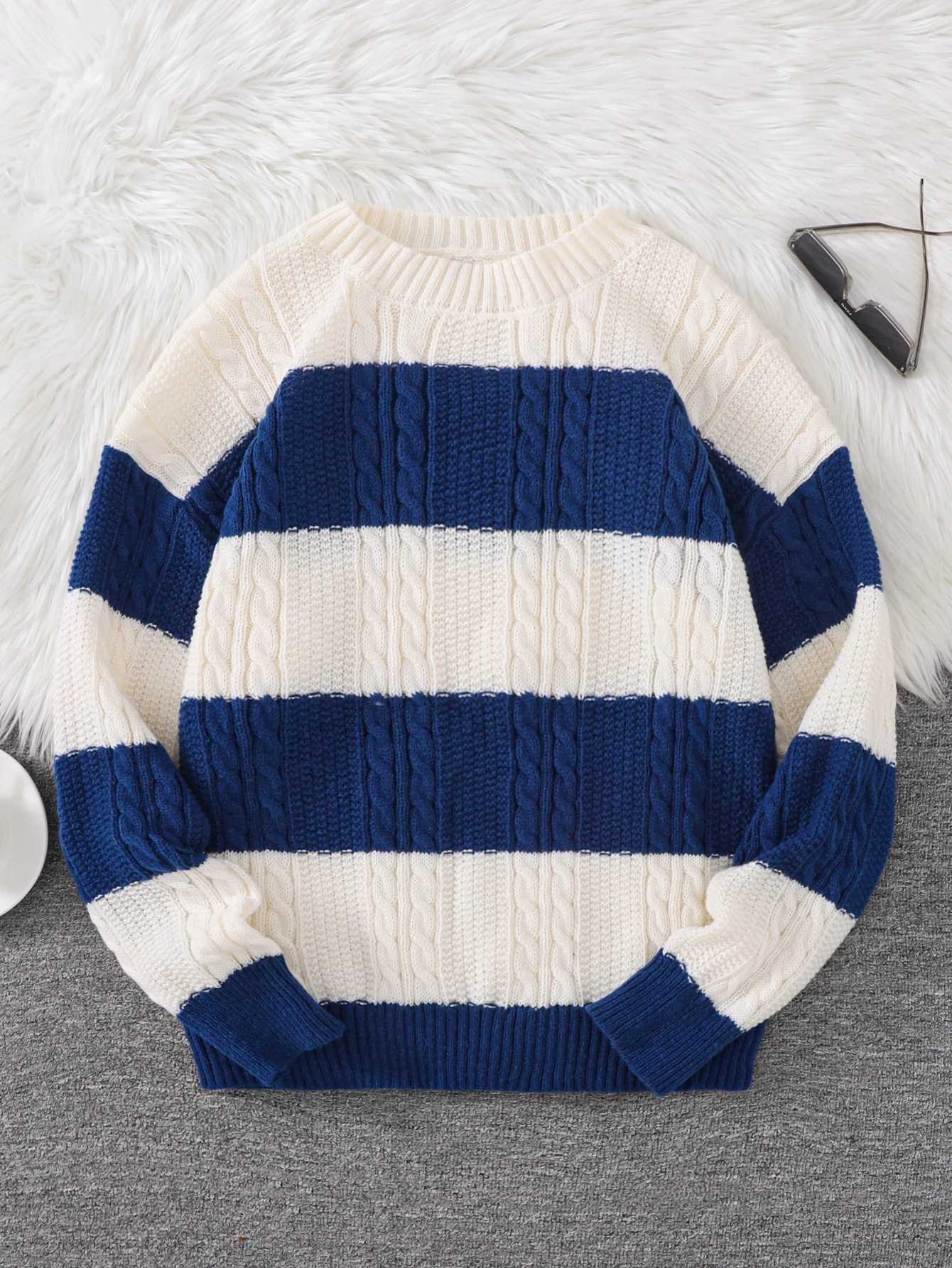 Autumn and Winter Striped Crew Neck Hemp Straw Style Casual Couple Sweater Versatile Trendy Mens Long-Sleeve Sweater Top M251206