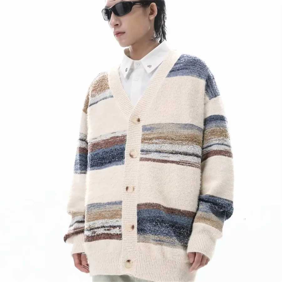 2026 New Trend Mens Knitted Cardigan Striped Sweater Casual V-neck Sweatercoat for Men Clothing Button Down Streetwear Knitwear M251206