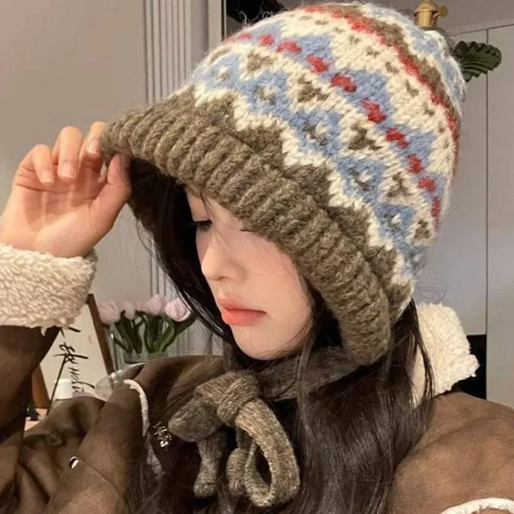 Striped Spliced Knitted Brimless Hat Ethnic Retro Style Woolen Hats Autumn Winter Thickened Warm Resistant Ear Protection Caps 251204