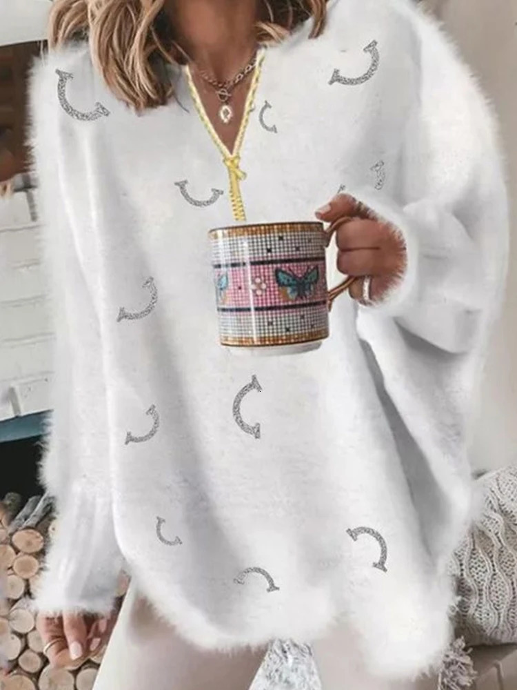 Womens V Neck Long Sleeve Sweater Casual Loose Fit Pullover Sexy Zipper Warm Knit Printed Fashion Trend for Women 251205