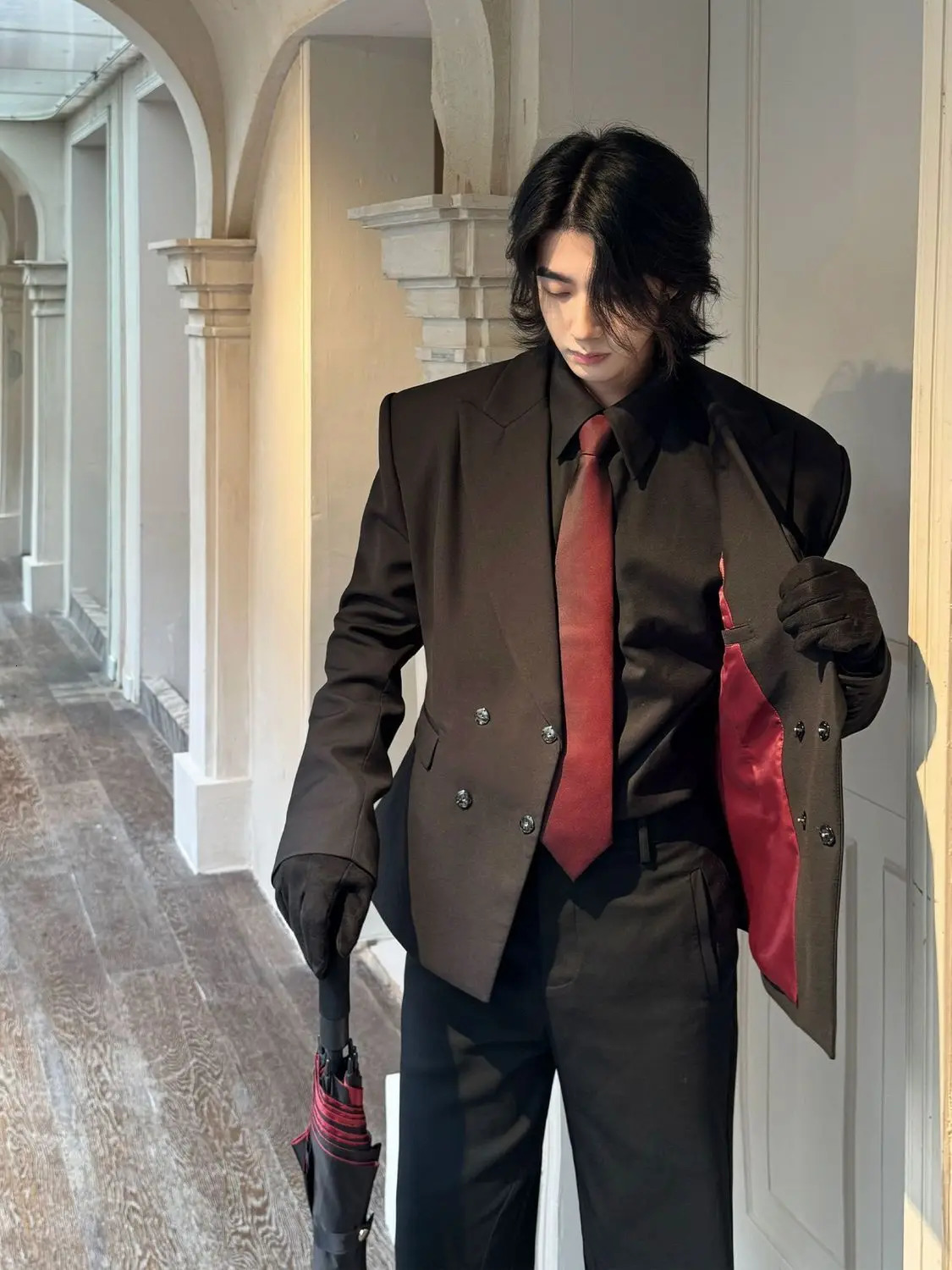Spring Autumn Business Formal Double-Breasted Waist-Cinching Suit For Men Unique Trendy Jacket Blazers Korea Black 251204