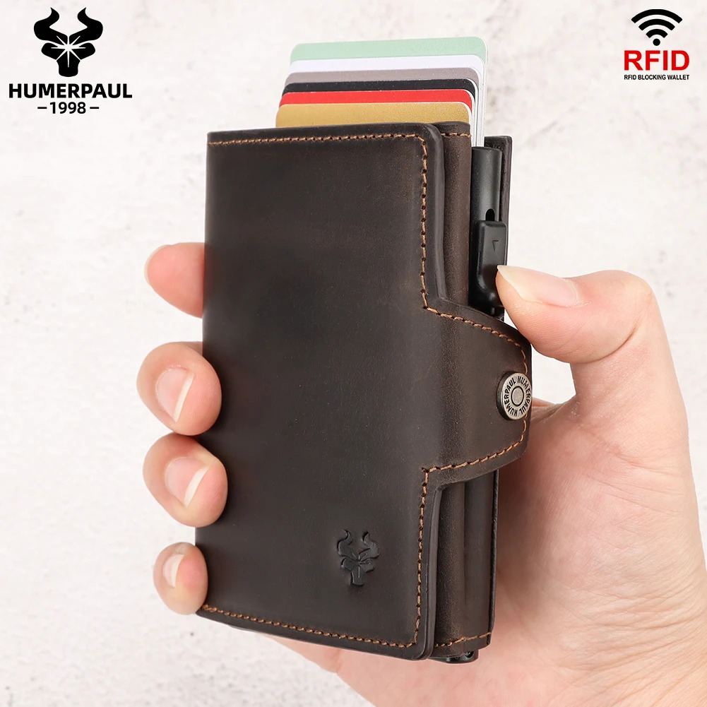 HUMERPAUL hommes porte-carte avec poche d'argent Crazy Horse cuir Pop Up portefeuille minimaliste blocage RFID mince métal carte bancaire Case251