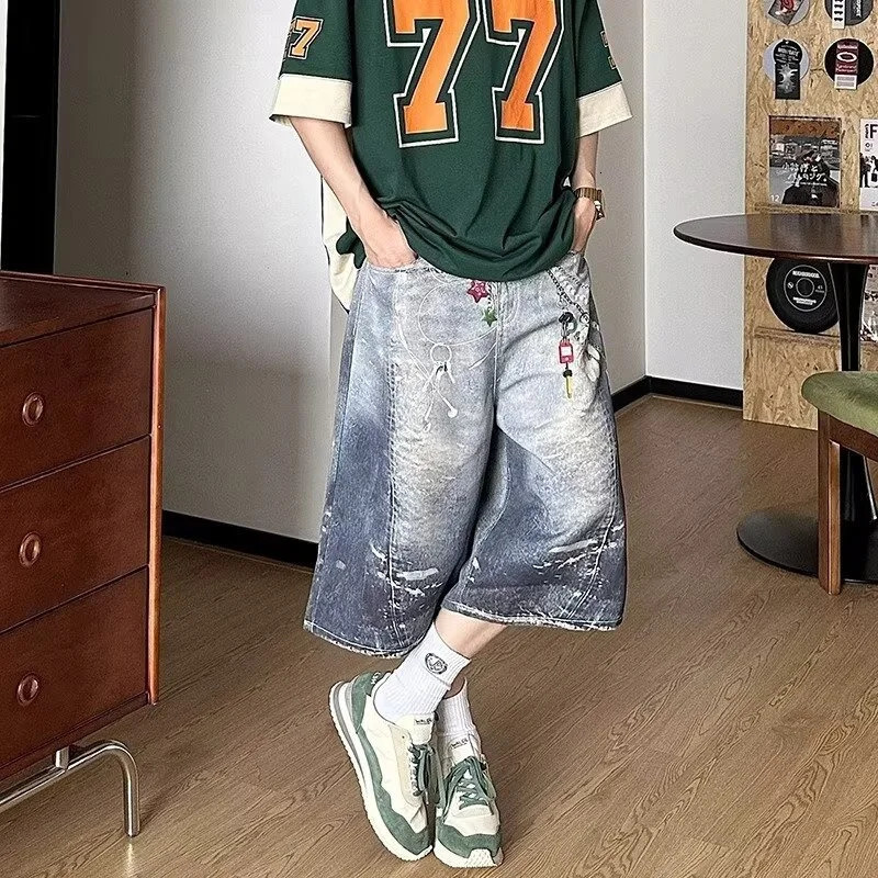 Mens Retro Bear 3D Printed Denim Shorts Hip Hop Fashion Straight Wide-leg Jorts High Street Y2K Baggy Bermuda Jeans 251205