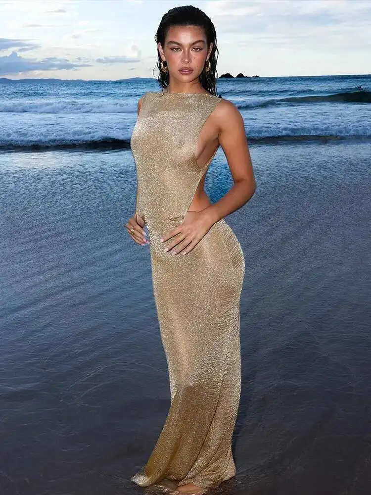 Townlike Sparkle Glittar Slim Moulante Dres Maxi Longue Robe d'été 2024 Perspective Dos Nu Discothèque Sexy Robes de Soirée 251128