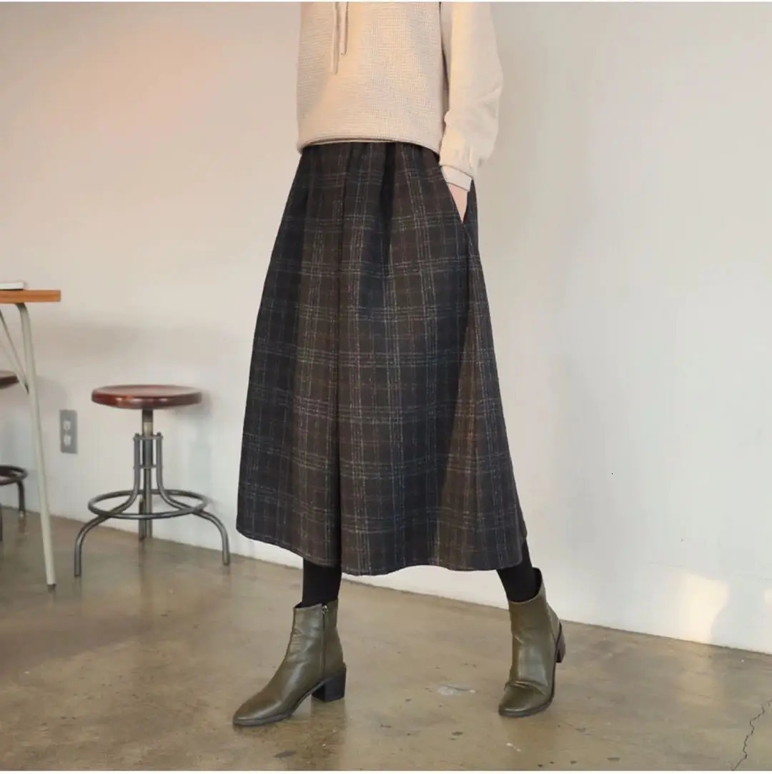 Pantalon à jambes larges en laine à carreaux pour femmes, élastique, taille haute, ample, mode, grande taille, longueur cheville, automne hiver 2