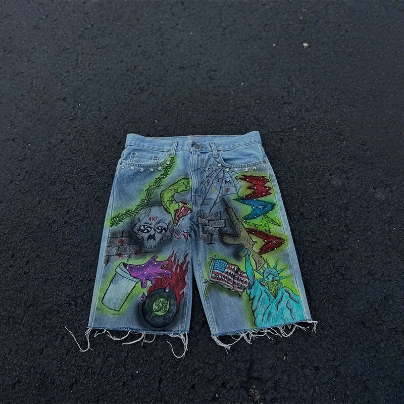 Y2K Vintage Trend Jeans Hip Hop Style Graffiti Art Hand Painted Distressed Ripped Denim Shorts Men Women Casual Loose Streetwear 251205