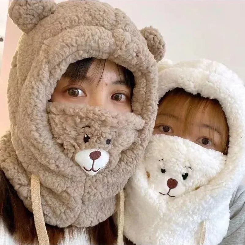 Dessin animé ours oreille agneau bonnet chapeau avec masque chaud cagoule hiver épaissi protection automne Skullies bonnets pour femmes fille 251