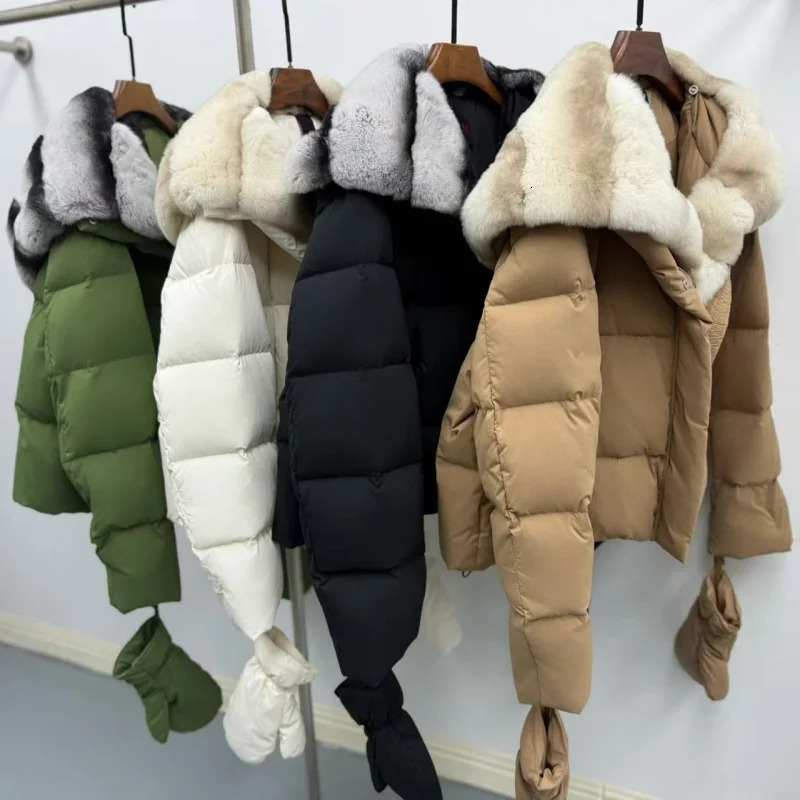 Doudoune à capuche pour femmes d'hiver avec grand col en fourrure Y2K, manteau en duvet d'oie épais et chaud de haute qualité avec gants, décontr