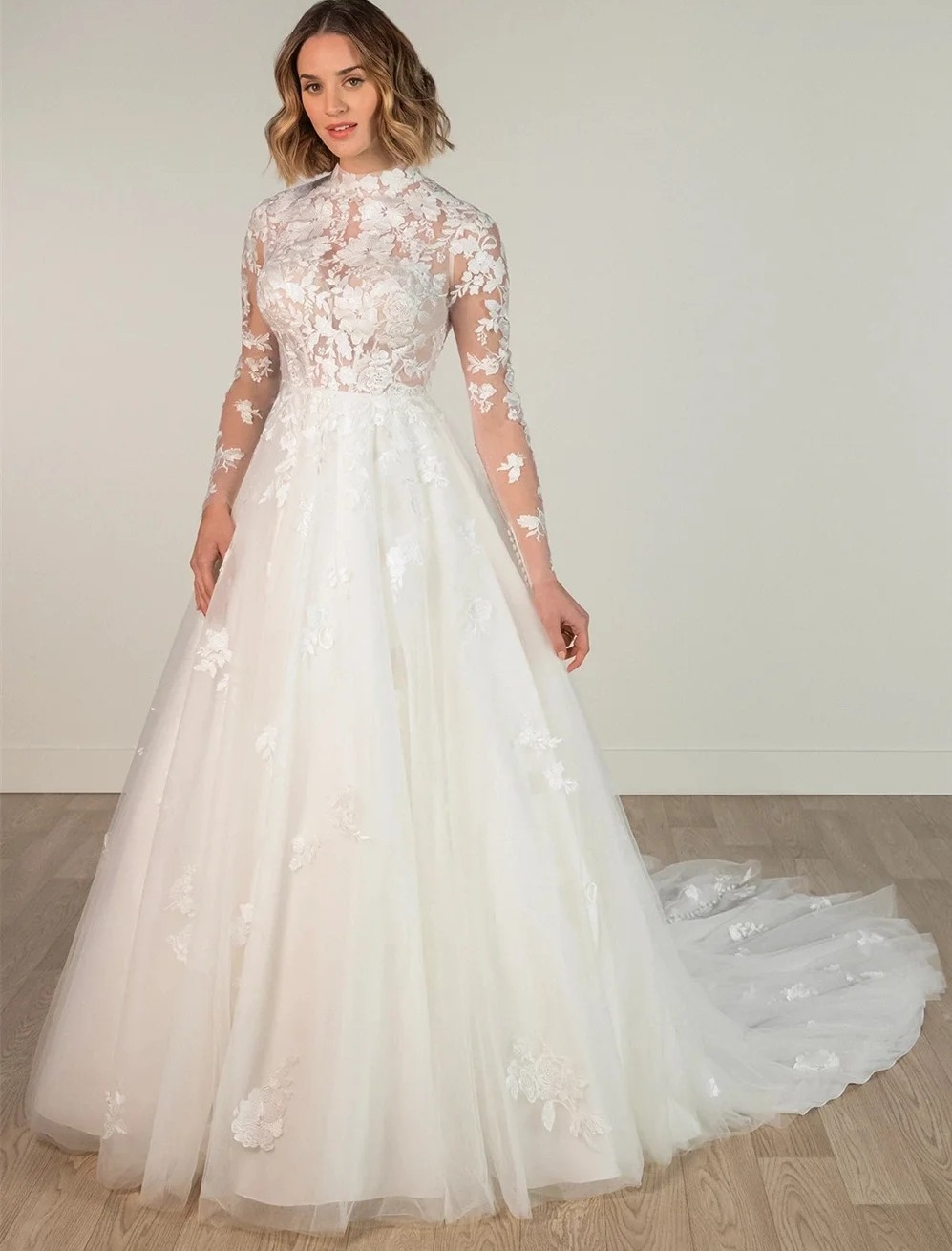 Robe De mariée classique, dos nu, col haut, dentelle, fleurs, manches longues, ligne a, robes De mariée, 2026