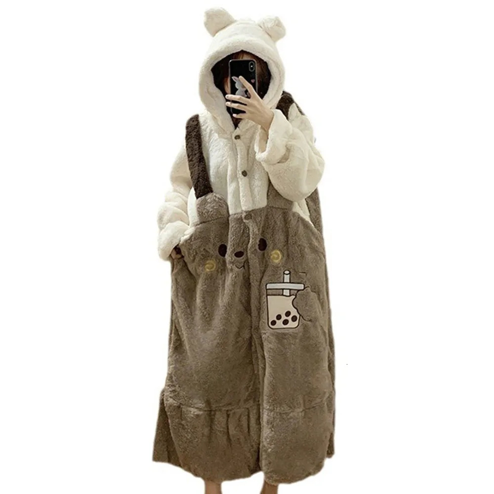 Ours mignon à capuche corail polaire vêtements de nuit femmes hiver 2025 flanelle épaissie en peluche Robes chemises de nuit Animal Cosplay chemi