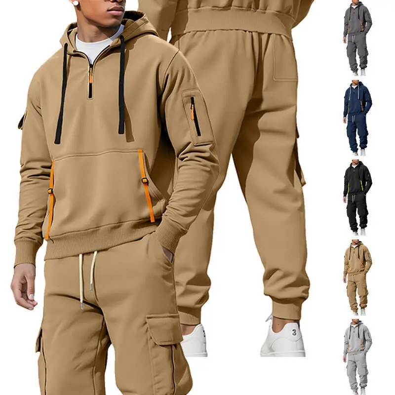 Mens Fleece Hoodie Pants Set Multi Pocket Tactical Style Zipper Front Winter Warm Casual Jogger Outfit Two Piece 251204