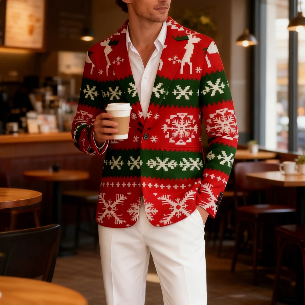Blazer décontracté de Noël pour hommes, motif de flocon de neige en pomme de pin 3D, manteau de sport à bouton unique pour fête de vacances, vête