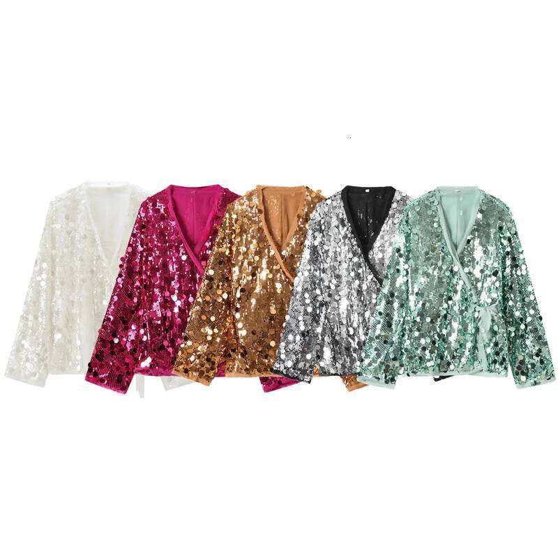 Designer Clothes Women Sequined Wrap V Neck Kimono Style Jacket Long Sleeves For Party Lace Up Streetwear Fashion Coat Hot Selling