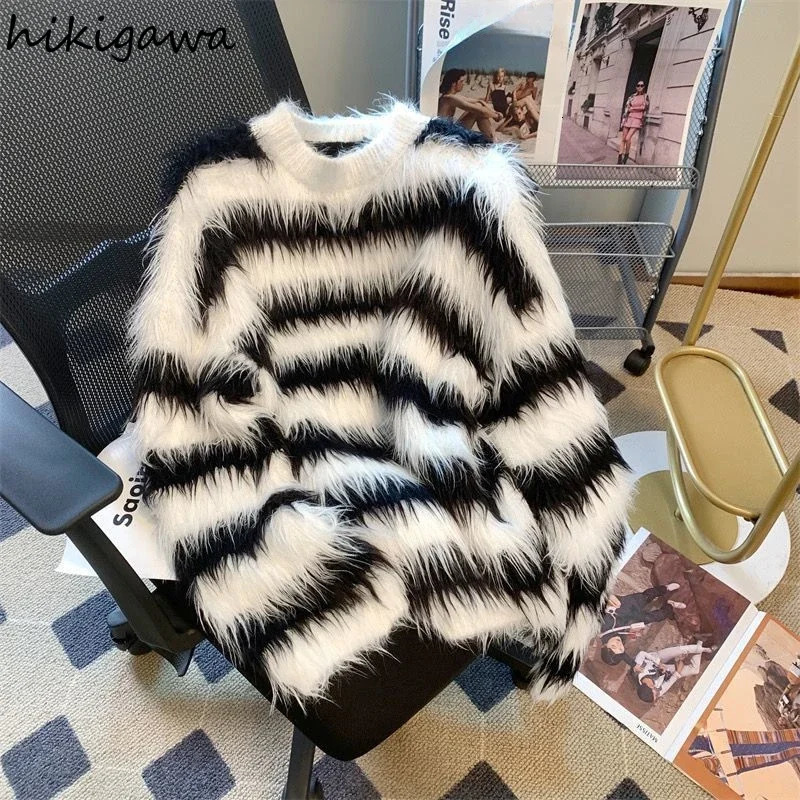 Winter Clothing Fashion Striped Sweater Women Pull Femme Casual Jumper Sueter Mujer O-neck Long Sleeve Knit Oversized Pullovers 251205