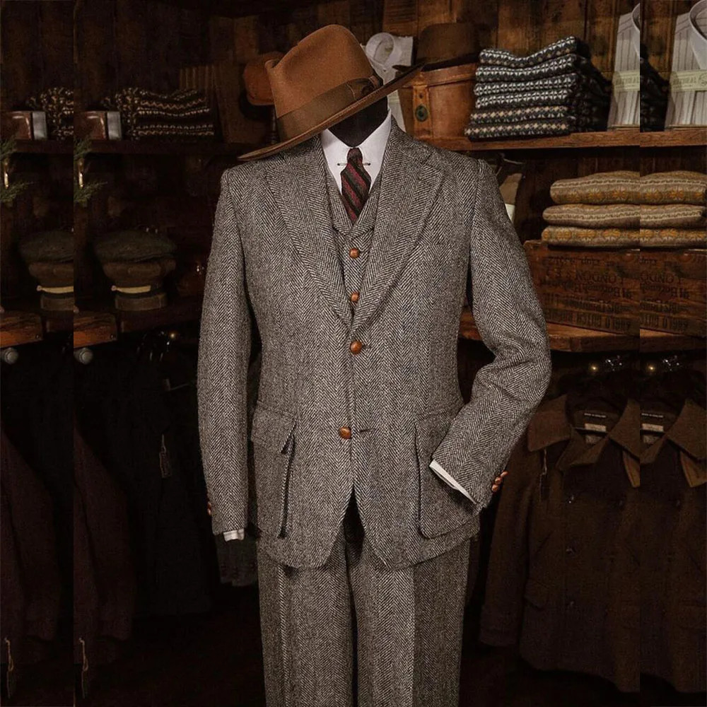 Elegant Tweed Mens Suits for Winter Single Breasted Notch Lapel Slim Fit Male Clothing High Quality 3 Piece Jacket Pants Vest 251203