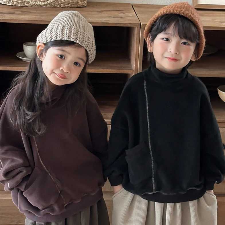 Sweat à capuche 2025 Automne et hiver Nouveaux vêtements pour enfants Coréen Sle Garçons et filles Mode Double face Velours Col haut Sweat à capu