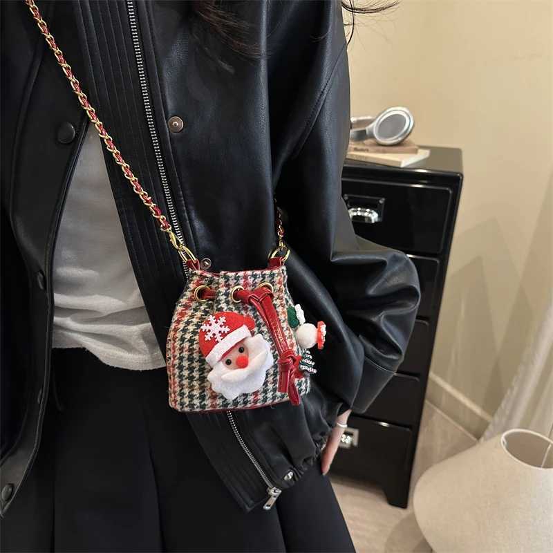Red Cute Christmas Mini Bucket Bag 2025 New Wool Plaid Chain Crossbody Bag 090CTXJ251206