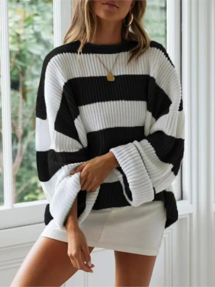 Pull tricoté pour femmes 2025 mode automne et hiver col rond à manches longues rayé pull coupe ample confortable Style décontracté 251205