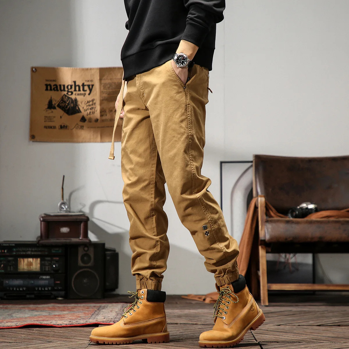 Pantalon en denim Pantalon de jogging Homme Denim Coton Taille Zipper Noir Marron Pantalon Cargo Hiver Épais Pantalon Tactique Salopette Hommes 2