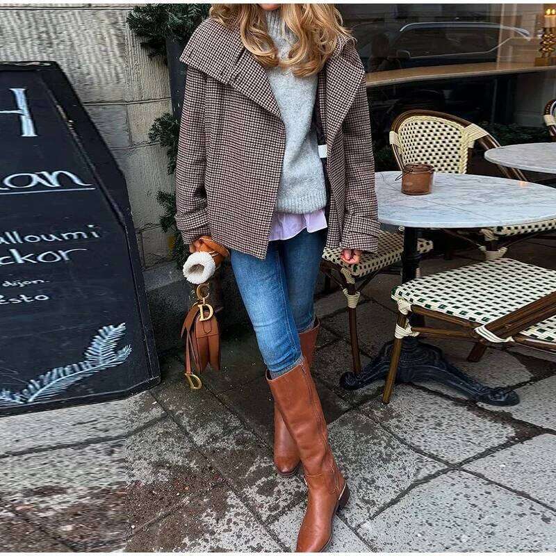 Mode 2026 rue femmes col montant Plaid laine manteau lâche revers à manches longues simple boutonnage veste 2025 automne hiver dame vêtements d'e