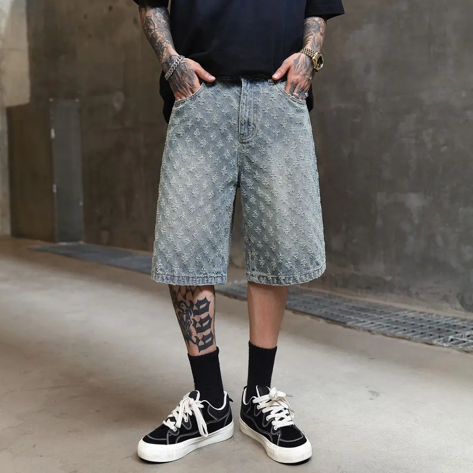 Vintage Blue Jeans Men Jacquard Pattern Straight Leg Baggy Fit Denim Short For Male 251205