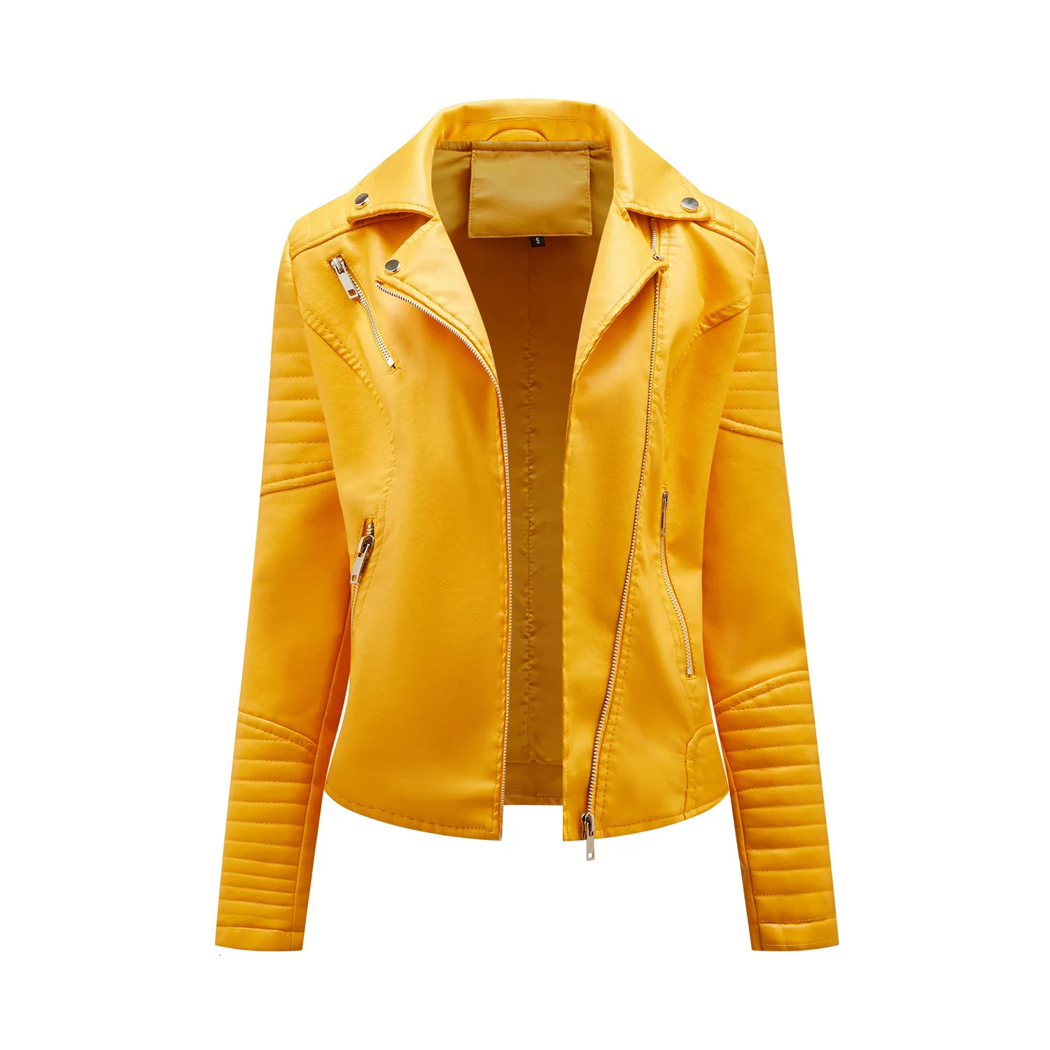 Faux Leather Jacket Woman 2025 Moto Biker Zipper Jacket Spring Autumn Coat Women Outerwears Yellow Red Brown Navy Black Pink 3xl 251129