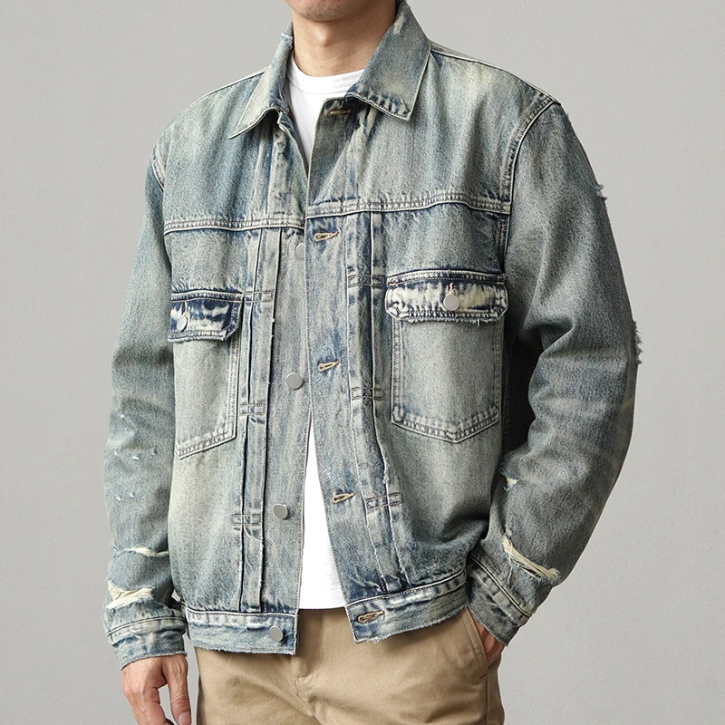 Autumn American Retro Heavyweight Hole Denim Cargo Jacket Mens Fashion 96 Cotton Washed Old Multipocket Leisure Outerwear 251129