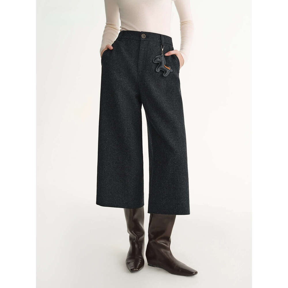 Plus Size Gray Wool Blend Fine Check Cropped Casual Pants Winter High Waisted Calf Length Straight British Style Luxury