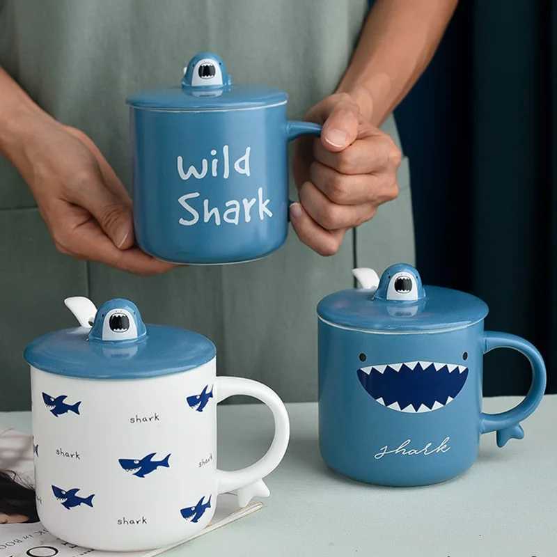 Creativity with Lid Spoon Shark Mug for Home Use Large Capacity Drinking Water Ceramic Mug Mugs Coffee Cups Tea Cup Set M251206-image-1087462939